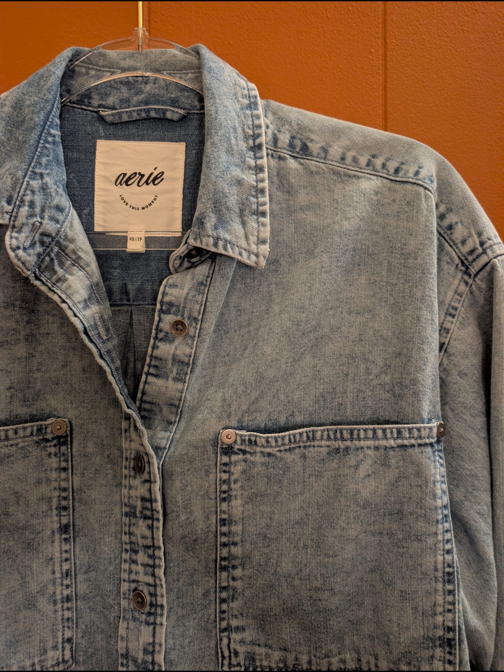 90s AERIE Light Acid Wash Oversized Denim Button Up Moto Grunge Shirt Jacket XS - Picture 3 of 15
